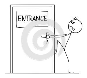 Person Trying to Open Locked or Blocked Entrance Door , Vector Cartoon Stick Figure Illustration