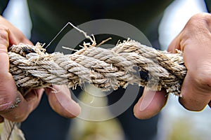 person trying to work with a frayed rope