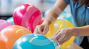 Person tying colorful balloon