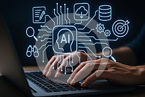 Ai artificial intelligence machine learning concept with person typing on a laptop keyboard using ai tools