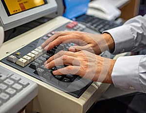 Person Typing on Computer Keyboard in Office Environment
