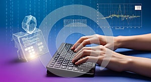 Person typing on keyboard with digital representation and data visualization in background