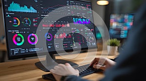 Person typing on keyboard in front of a computer screen displaying data