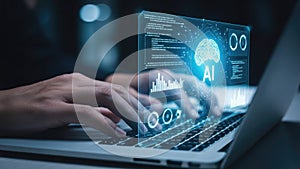 Person typing on laptop with AI brain interface and data visualization