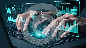 Person typing on laptop with AI generate interface and data visualization