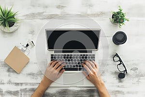 A person is typing on a laptop computer with a green plant in the background