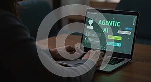 Person typing on a laptop displaying an AGENTIC AI chatbot interface, Artificial Intelligence.