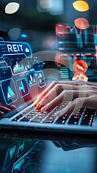 Person typing on laptop displays holographic icons representing banking real estate investment trusts REITs financial data photo