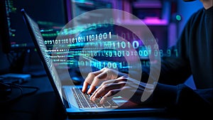 Person typing on laptop with glowing binary code data stream computer technology