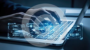 Person typing on a laptop with glowing digital interface overlay, representing data processing and technology