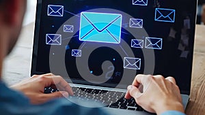 Person typing on laptop with glowing email icons representing communication and data transfer