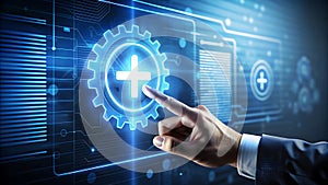 Person Typing on Laptop with Virtual Tech Icons, Futuristic Technology Concept Background photo