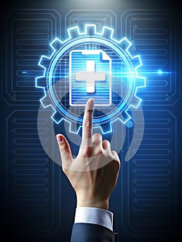 Person Typing on Laptop with Virtual Tech Icons, Futuristic Technology Concept Background photo