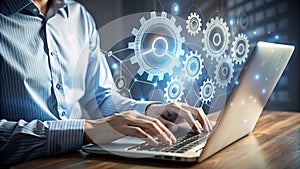 Person Typing on Laptop with Virtual Tech Icons, Futuristic Technology Concept Background photo