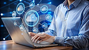 Person Typing on Laptop with Virtual Tech Icons, Futuristic Technology Concept Background photo