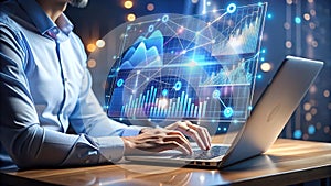 Person Typing on Laptop with Virtual Tech Icons, Futuristic Technology Concept Background photo