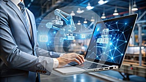 Person Typing on Laptop with Virtual Tech Icons, Futuristic Technology Concept Background photo