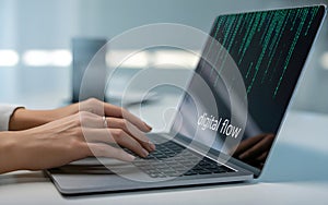 Person using a laptop displaying digital code on the screen