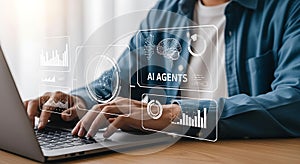 Person using laptop with AI Agents and data analytics concept