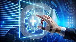 Person Typing on Laptop with Virtual Tech Icons, Futuristic Technology Concept Background photo