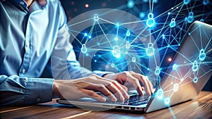 Person Typing on Laptop with Virtual Tech Icons, Futuristic Technology Concept Background photo