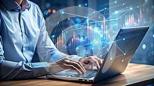 Person Typing on Laptop with Virtual Tech Icons, Futuristic Technology Concept Background photo