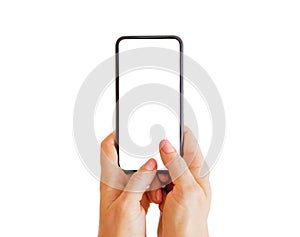 Person typing something on phone with empty white screen. Mobile app mockup.