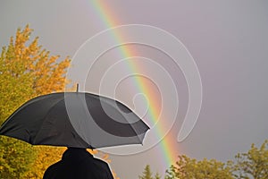 person with umbrella looking at a rainbow on a drizzly day at the cottage