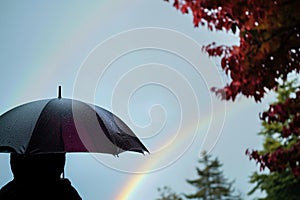 person with umbrella looking at a rainbow on a drizzly day at the cottage
