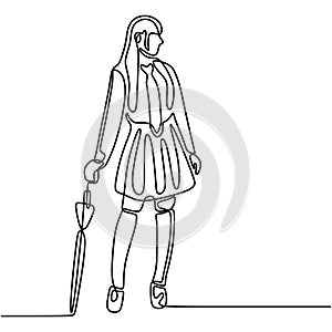 a person with umbrella one line continuous drawing. young lady standing while holding umbrella and take a pose. character model