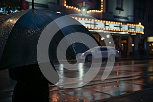 person with umbrella on rainy evening by lit theater