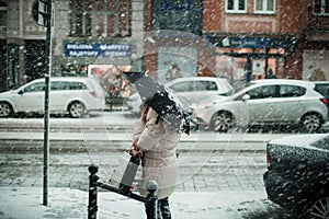 Person with an umbrella standing under the snow by a street