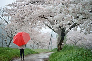 person with umbrella under blossoming cherry tree, windy