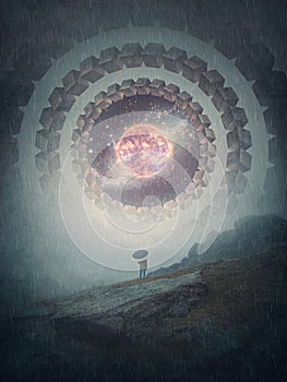 Person with umbrella watching through fog and rain the surreal cosmic portal. Abstract circular construction leading to another