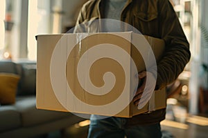 Person Unpacking Cardboard Boxes in New Apartment, Moving Concept