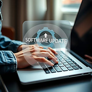 Person updating software on a laptop computer with digital interface