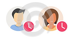 Person user account time pending waiting icon flat cartoon vector graphic set illustration, employee profile overtime clock symbol