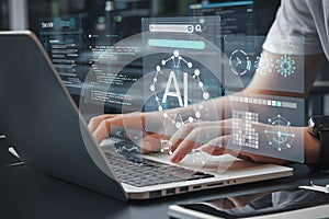 Innovative AI Technology Digital Interface Modern Laptop Programmer Working Futuristic Data Analysis Software