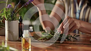 A person uses a small rollerball to apply a blend of rosemary and peppermint oils to their wrists energizing and aiding photo