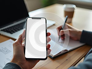 Person Using AI Assistant on Smartphone While Taking Notes at a Workspace