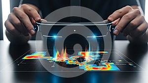 Person using augmented reality glasses to view data visualization on a digital display