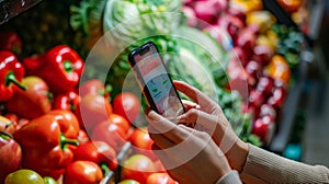 Person Using Cell Phone in Front of Vegetable Display