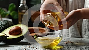 A person using coldpressed avocado oil in a DIY face mask highlighting its antiaging and skinrejuvenating properties photo