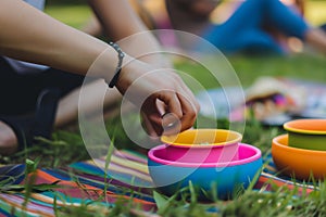 person using a colorful silicone ashtray at a picnic