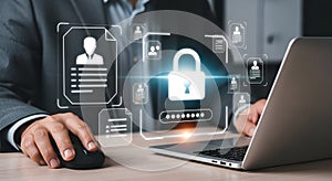 Person using computer with digital security interface