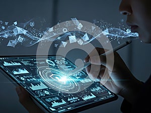 Person using digital tablet with futuristic data visualization and analytics interface