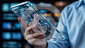 A person holding and using a digital tablet with a futuristic interface isolated on a transparent background
