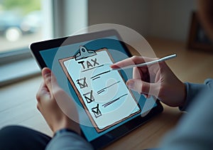 Person Using Digital Tablet to Complete Tax Checklist with Stylus Pen photo