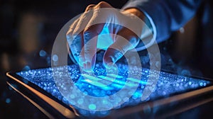 Person using a futuristic touch screen device with glowing blue elements