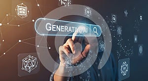 Person using generative AI application on touch screen with network connections